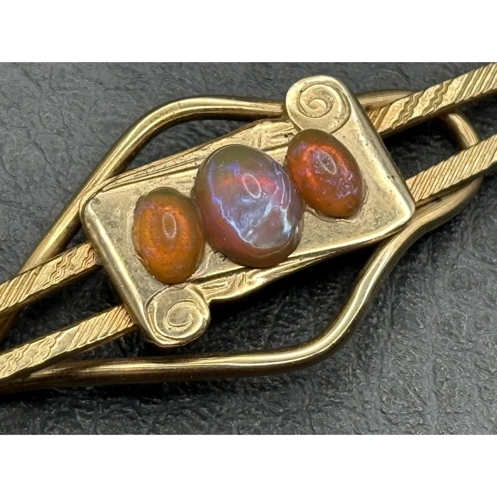 Vintage Dragon's Breath Cabochon Gold Plated Scroll Detail Tie Bar Clip Pin